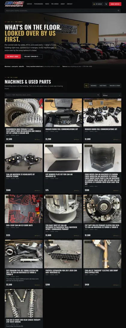 Savage Powersports pre-owned page: headline What's on the floor, looked over by us first, over a row of side-by-sides outside the shop; the listings continue below