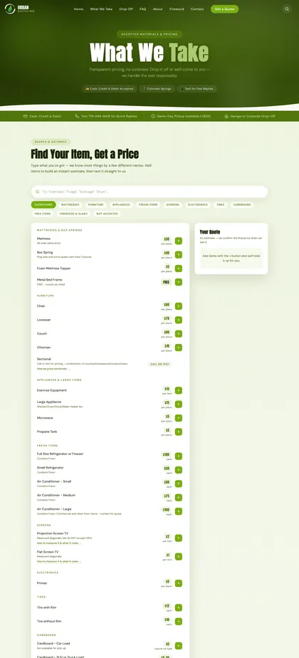 Urban Recycling Co What We Take page: green header, payment and pickup notes, and the Find Your Item, Get a Price search box; the price list continues below