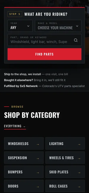 Savage Powersports parts finder on a phone: What are you riding? year, make and model fields above a red Find parts button